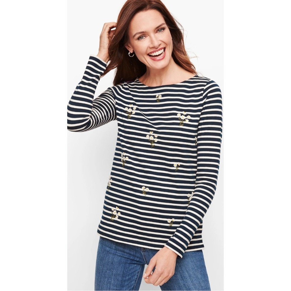 Talbots Striped Floral Embroidered Long Sleeve Top Nautical‎ XS